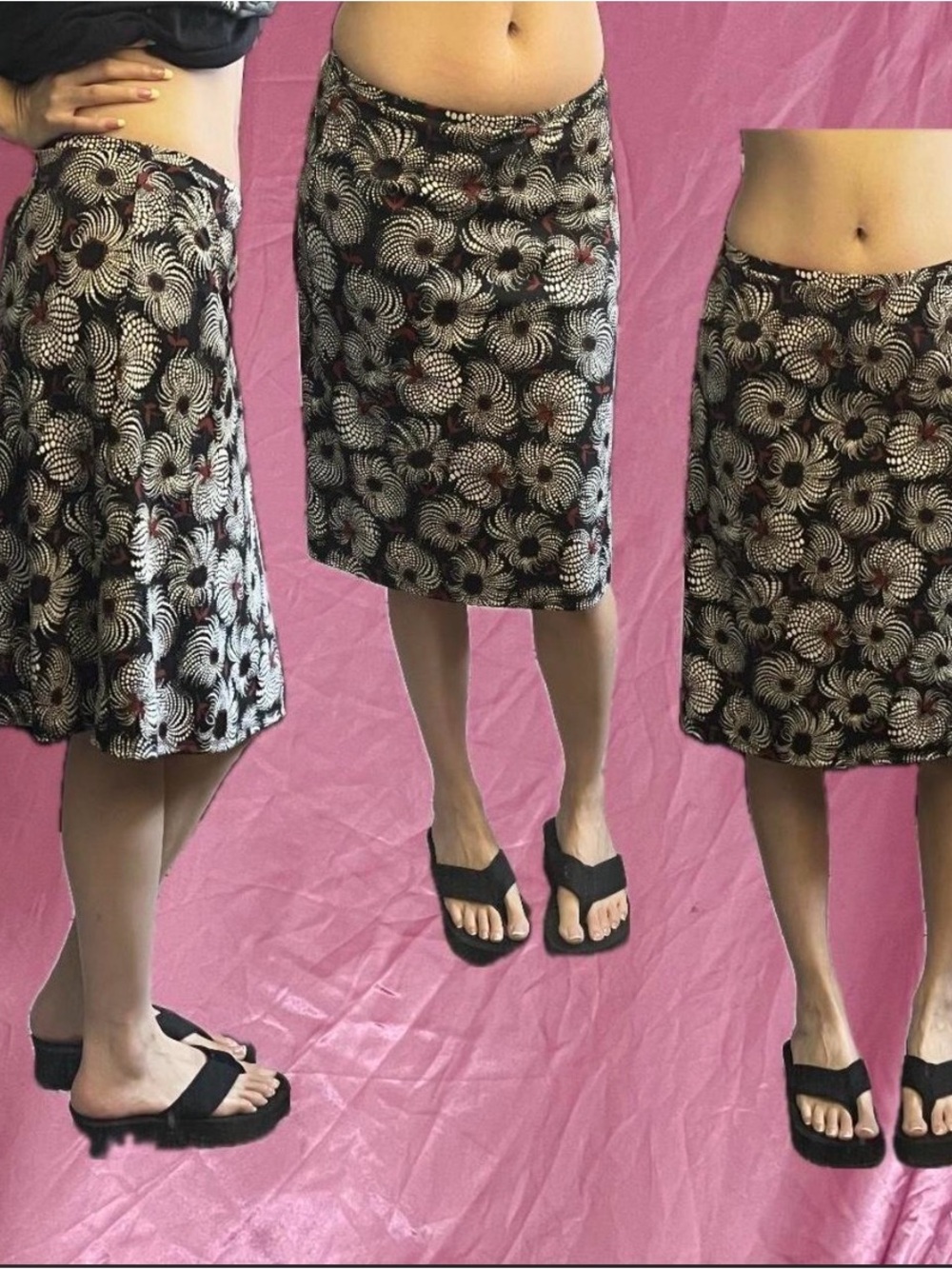 Ann Taylor Black Floral Spiral Midi Skirt with Cream Accents